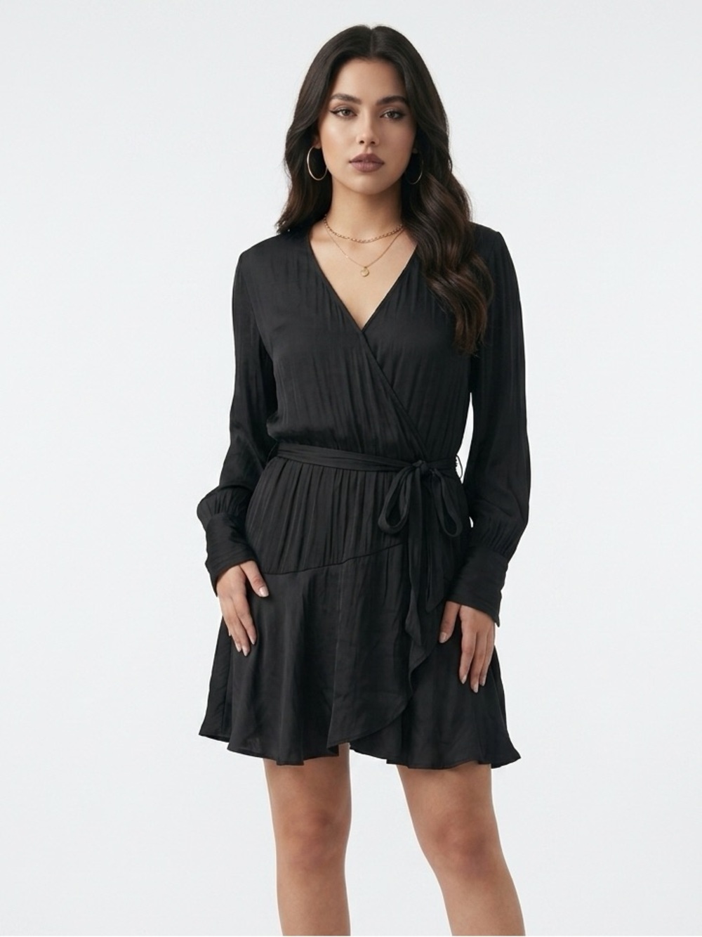 Socialite Black Satin Long Sleeve Faux Wrap Mini Dress Tiered Ruffle Skirt XL